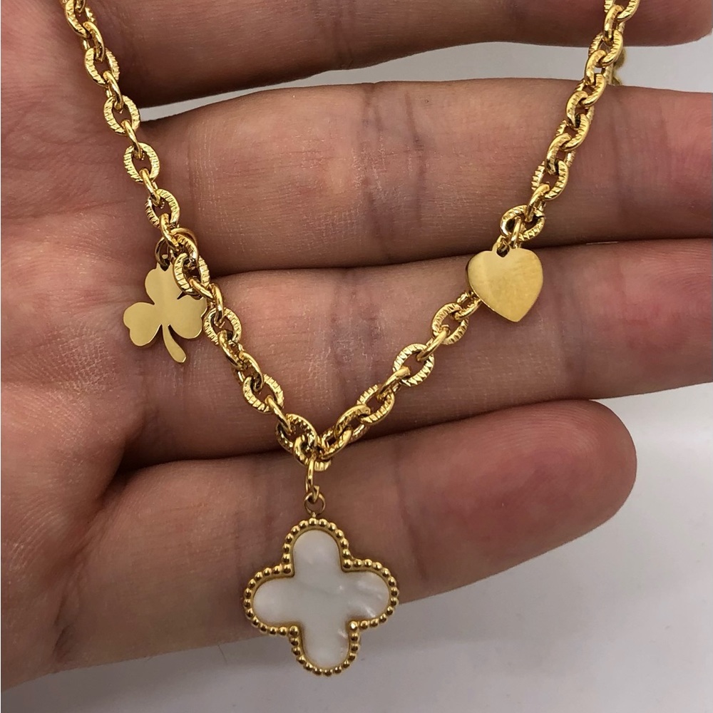 Four-Leaf Clover Pendant Necklace with Heart and Leaf Charms